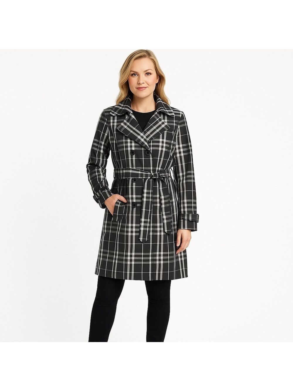 Xoxo trench coat lightweight jacket plaid black white double brest pocket medium